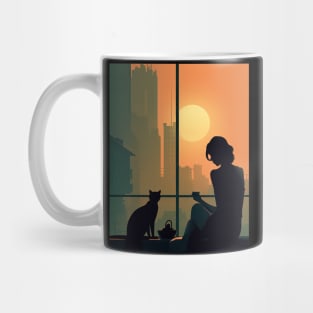 Cat Mom's Misty Tea Time: Pop Art Illustration in Orange and Black Mug